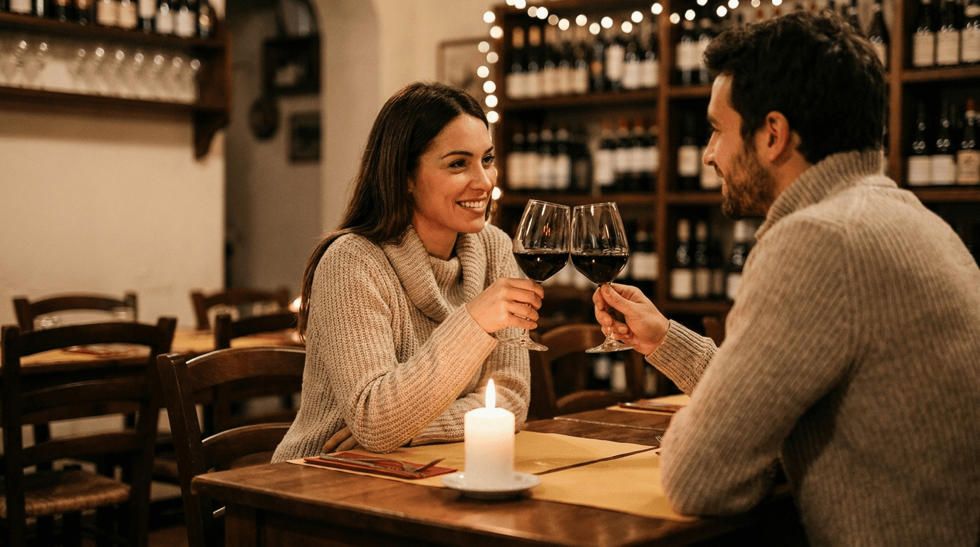 Due persone fanno un brindisi con vino rosso in un ristorante caldo e accogliente
